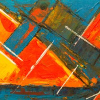 Dynamic abstract painting featuring bold geometric shapes on canvas.